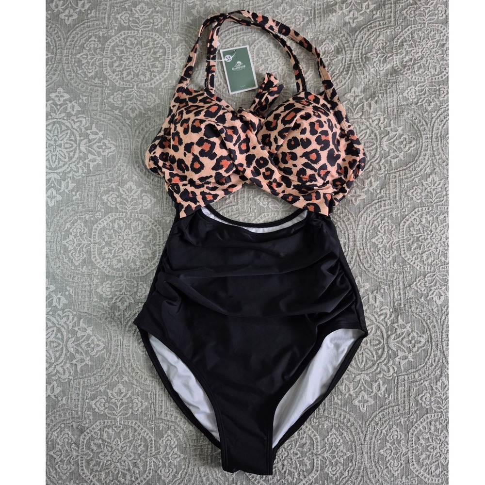 Eomenie Womens Leopard Print Cutout One Piece Swimsuit Ruched‎ Black Medium NEW
